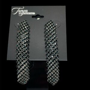 Tanya Creations Deep Teal Rhinestone 3” Earrings NWT